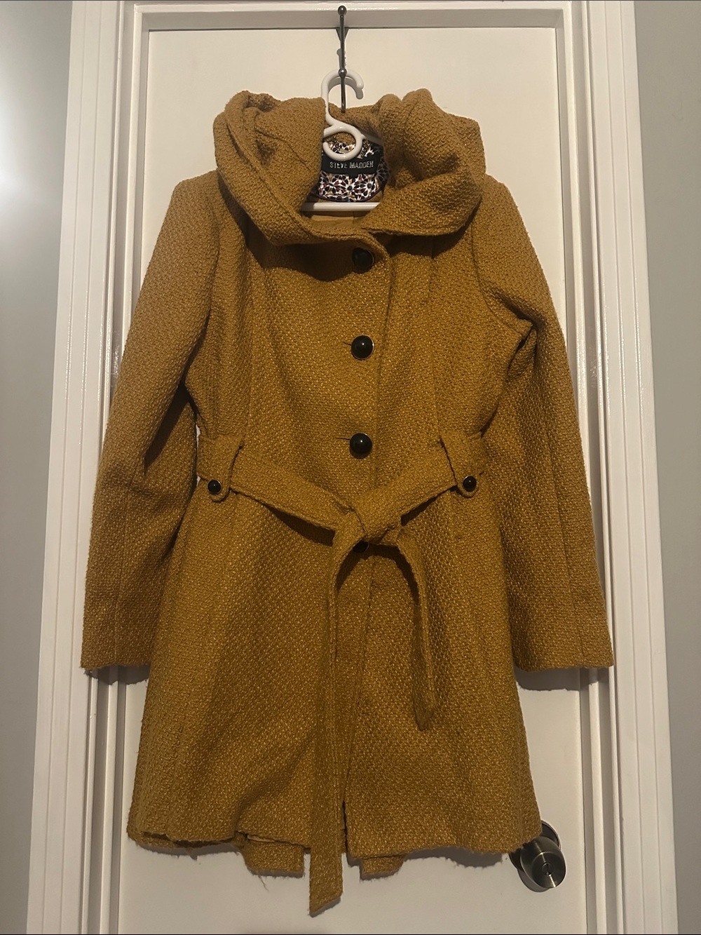 Mustard Yellow Hooded Belted Swing Coat - Picture 3 of 3